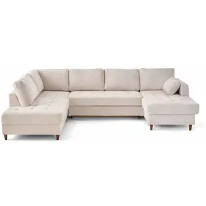 Comparateur de prix : LISA DESIGN Anna - canapé panoramique d'angle gauche 7 places convertible avec coffre en velours texturé - Beige