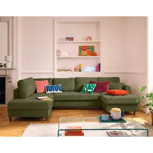 Comparateur de prix : Non communiqué Anna - canapé panoramique d'angle gauche 7 places convertible avec coffre en velours texturé - Vert Olive