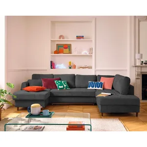 LISA DESIGN Anna - canapé panoramique d'angle droit 7 places convertible avec coffre en velours texturé - Gris Anthracite