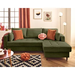 LISA DESIGN Anna - canapé d'angle droit 4 places convertible avec coffre en velours texturé - Vert Olive