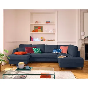 Comparateur de prix : LISA DESIGN Anna - canapé panoramique d'angle droit 7 places convertible avec coffre en velours texturé - Bleu