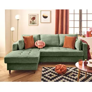 LISA DESIGN Anna - canapé d'angle gauche 4 places convertible avec coffre en velours texturé - Vert sauge pas cher