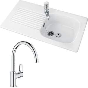 Comparateur de prix : Evier VILLEROY ET BOCH Tudor + mitigeur cuisine GROHE Bauloop bec haut