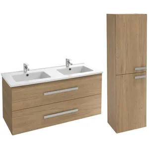 Comparateur de prix : JACOB DELAFON Meuble double vasque 120 cm Ola up + colonne de salle de bain chêne TU