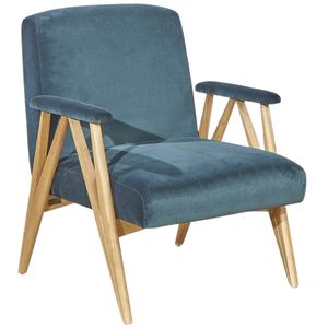 Robin des Bois Fauteuil en hévéa et velours bleu paon pas cher
