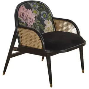 Comparateur de prix : Robin des Bois MARCEL - Fauteuil en cannage velours noir et lin motifs fleurs