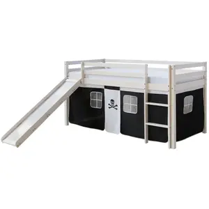 Comparateur de prix : HOMESTYLE4U Lit Simple Blanc 90x200 en hauteur avec échelle et rideau Foncé et toboggan