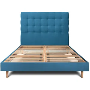 Prestige Literie Lit 160x200cm avec tête de lit capitonnée velours et sommier kit Bleu - Hauteur totale : 29cm
