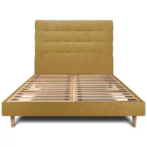 Prestige Literie Lit 200x200cm Avec Tête De Lit Capitonnee Tissu Et Sommier Kit Jaune - Hauteur Totale : 29cm