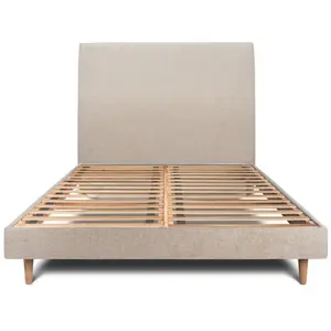 Prestige Literie Lit 160x200cm avec tête de lit tapissier tissu et sommier kit beige brun - Hauteur totale : 29cm