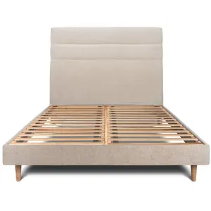 Prestige Literie Lit 140x190cm Avec Tête De Lit Lignes Tissu Et Sommier Kit Beige Brun - Hauteur Totale : 29cm