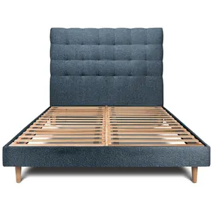 Comparateur de prix : Prestige Literie Lit 160x200cm avec tête de lit capitonnée bouclette et sommier kit Bleu - Bois massif - Style Scandinave Moderne