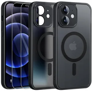 HQSELECTION Coque Noir Magnétique pour iPhone 12 MINI et 2 Verre Trempé, Compatible avec MagSafe,Protection Camera,Translucide Antichoc