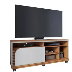 BEAUXMEUBLESPASCHERS Meuble tv 65 pouces chêne et blanc 2 portes 7 niches roulettes l 150 h 63.2 p 39.3 cm 1887Q0760A1 pas cher