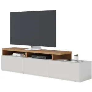 BEAUXMEUBLESPASCHERS Meuble tv bar 70 pouces chêne et blanc 3 portes 6 niches l 210 h 50.6 p 45.3 cm 1883Q0760A2 pas cher
