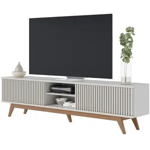 Comparateur de prix : Beaux Meubles Pas Chers Meuble TV 75 Pouces Blanc Pieds Bois 4 Portes 8 Niches L 218 H 57 P 40 cm - L 218 x l 40 x H 57 cm