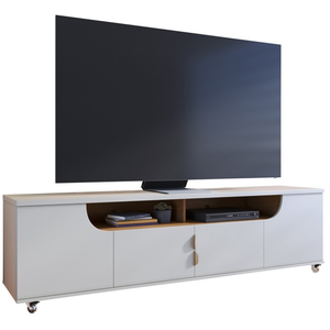 Comparateur de prix : BEAUXMEUBLESPASCHERS Meuble tv 75 pouces blanc et chêne 4 portes 8 niches roulettes l 200 h 55 p 38 cm 1890Q0111A2