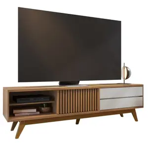 Comparateur de prix : BEAUXMEUBLESPASCHERS Meuble tv 75 pouces chêne et blanc 1 porte 2 tiroirs 3 niches l 200 h 55.2 p 37.7 cm 1889A0760A2