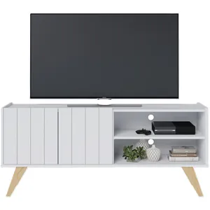 BEAUXMEUBLESPASCHERS Meuble tv bar 55 pouces blanc pieds bois 2 portes 3 niches l 135.8 h 58.7 p 36.1cm 1870Q0735A1 pas cher
