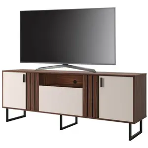 BEAUXMEUBLESPASCHERS Meuble tv bar 70 pouces noyer et blanc 3 portes 4 niches pieds métal l 180 h 64 p 40.3 cm 1868Q0441A2 pas cher