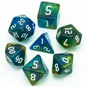 Epic forge Lot de 7 Dés Resine en boîte - Vert et Bleu Paillettes