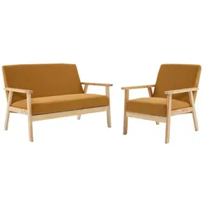 SWEEEK Canapé banquette 2 places + Fauteuil velours côtelé. pieds bois. moutarde pas cher