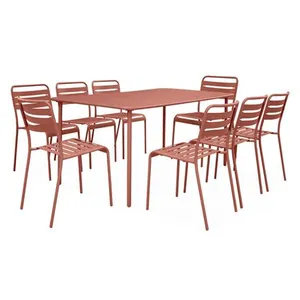 SWEEEK Table de jardin en métal terracotta + 8 chaises. traitement antirouille. lattes et bords arrondis pas cher