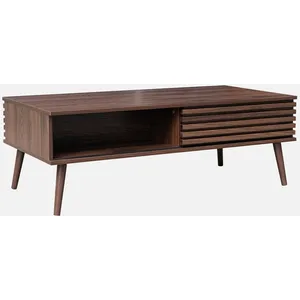 SWEEEK Table basse scandinave avec portes coulissantes décor bois noyer rainuré et niches de rangement pas cher