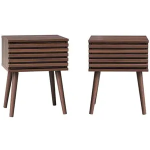 SWEEEK Lot de 2 tables de chevet style scandinave décor bois avec tiroir rainuré noyer et pieds compas pas cher
