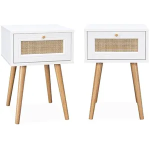 SWEEEK Lot de 2 tables de chevet effet bois blanc et cannage avec 1 tiroir pas cher
