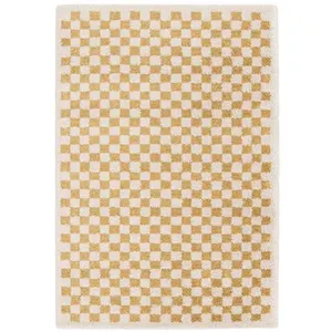 sweeek Tapis intérieur shaggy poils longs 200x290cm damier jaune moutarde et crème pas cher