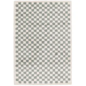 sweeek Tapis intérieur shaggy poils longs 120x170cm damier bleu clair et crème pas cher