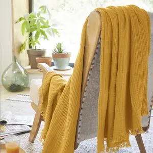 Comparateur de prix : Housse De Rêve Plaid à franges 130x160 cm Gaze de coton Safran 130 x 160 cm