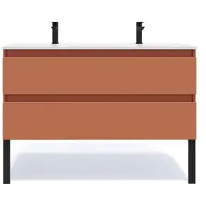 Comparateur de prix : HOMIFAB Meuble Salle De Bain Double Vasque 120cm 2 Tiroirs Terracotta