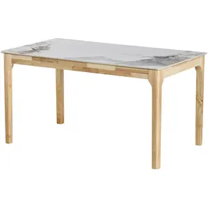 Comparateur de prix : HOMIFAB Table à manger en céramique effet pierre blanche 6 personnes, piètement bois 140 cm - Sally TU