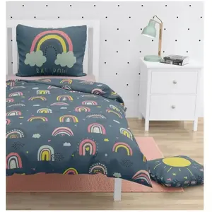 ROUPILLON Parure de couette 2 pieces enfant coton 57 fils bleu 140x200 cm - rainbow pas cher