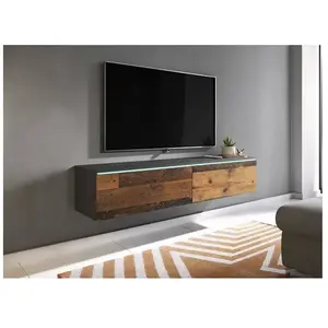 DecoInParis Meuble TV Contemporain Anthracite et chêne Vieilli foncé avec LED 2 Portes Malorie - 180 cm pas cher