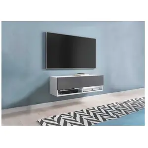Meuble tv suspendu 1 porte 2 niches blanc et gris romane - 100 cm pas cher