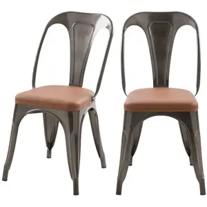 RENDEZ VOUS DECO Chaise en métal gris et cuir synthétique marron (lot de 2) - Charly TU pas cher