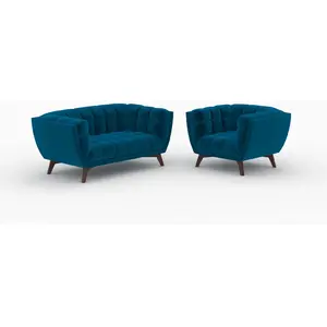 Rendez Vous Deco Pack canapé et fauteuil en velours bleu Mona 3 places pas cher