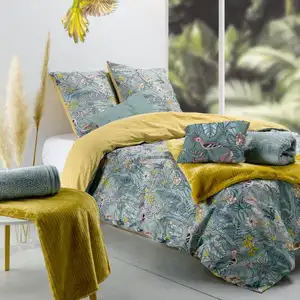 Parure housse de couette 100% coton 57fils, hupia vert 220 x 240 cm pas cher