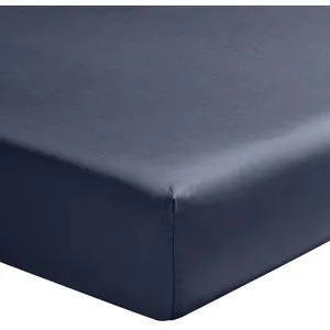 Home Collection - Drap housse 100% Satin de Coton bleu marine 140x190 cm pas cher