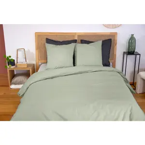Baton Rouge - Parure housse de couette en percale de coton vert sauge... pas cher