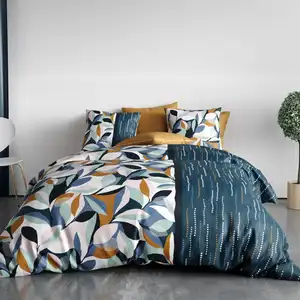 Parure housse de couette 100% coton 57 fils floris bleu 220 x 240 cm pas cher