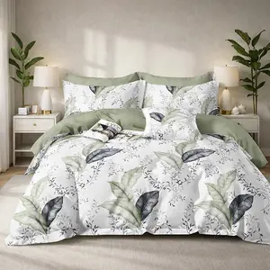 Parure de lit en percale de coton imprimé feuillage vert 240x220 cm pas cher