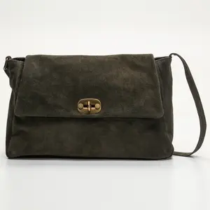 1987 by Abaco - Sac porté épaule en Velours de Cuir Ana kaki - 37x25x10 cm OS pas cher