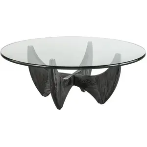 Signature Table basse ronde en chêne massif noir avec plateau en verre - L100 cm