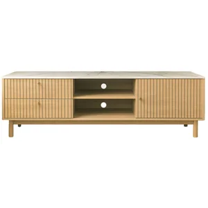 Comparateur de prix : Meuble TV aspect bois rainuré et marbre avec tiroirs et placard 150cm