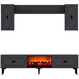Comparateur de prix : Ensemble meuble TV avec étagères murales et cheminée LED 150cm gris an