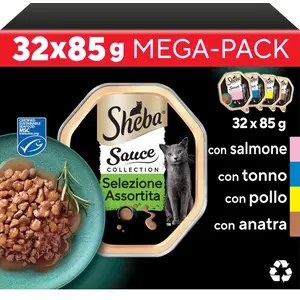Comparateur de prix : Lot mixte Sheba 32 x 85 g pour chat - Sauce Lover (saumon, thon, poule...
